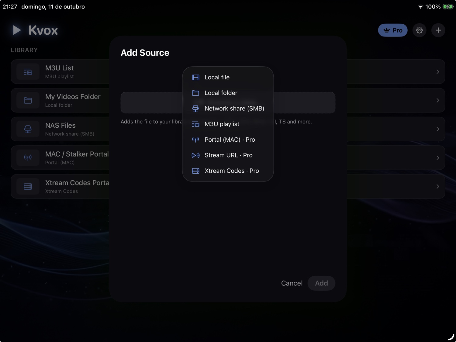 Kvox — ecrã de adicionar fontes (M3U, Xtream, MAC, SMB, ficheiros)